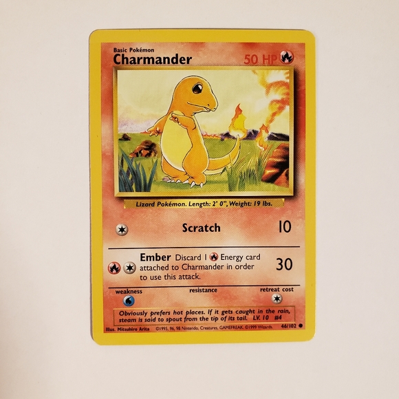 charmander pokemon card value 46 102 1995 RARE Charmander 46/102 1995 [1] Scratch (10) [1R] Ember (30) Discard 1 Fire Energy card to use this attack. Charmander | Dex - for